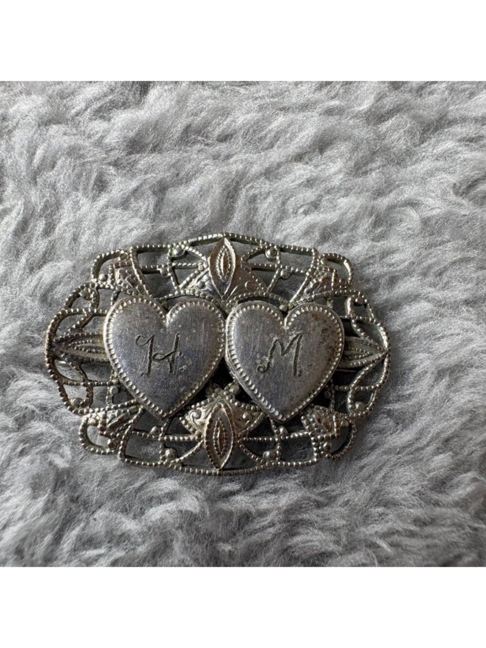 Vintage Brooch Silver Tone Unmarked Monogrammed H M Heart Pin Brooch